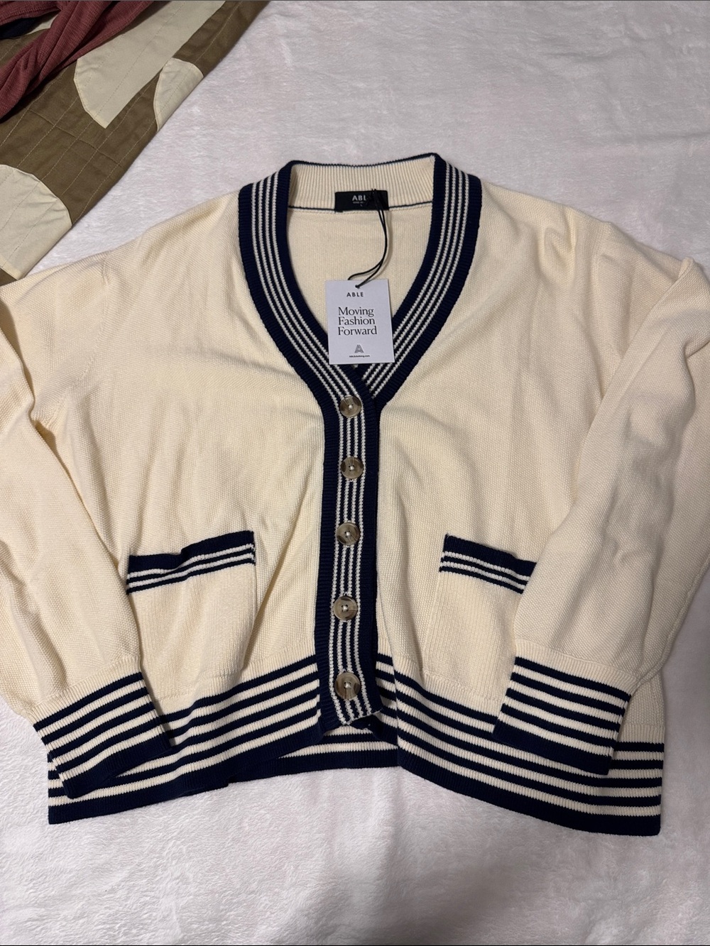 Able Cream Cardigan with Navy Trim Stripes
